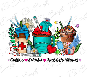 coffee, scrubs, rubber gloves